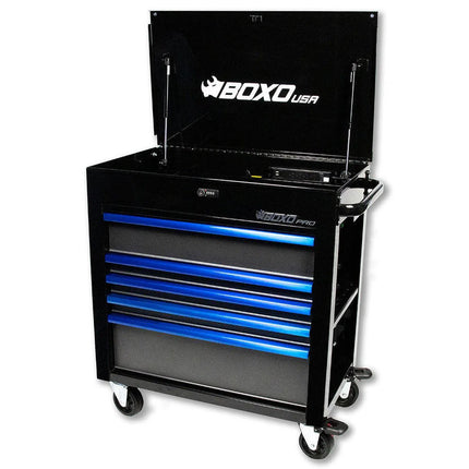 BoxoUSA Pro Series | 35" 5-Drawer Flip-Top Service Cart Tool Box UAS341051L-BK-B