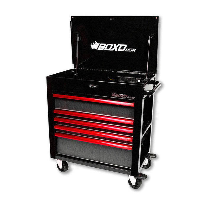 BoxoUSA-Pro Series | 35" 5-Drawer Flip Top Service Cart | Gloss Black, Red Trim-[product_sku]