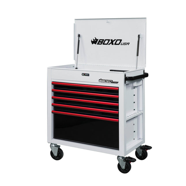 BoxoUSA-Pro Series | 35" 5-Drawer Flip Top Service Cart | Gloss White, Red Trim-[product_sku]