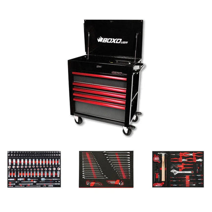 BoxoUSA Pro Series | 35" 5-Drawer Flip-Top Service Cart Tool Box with 222-Piece Master Tool Set 35FBM-BK-R