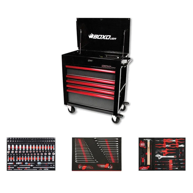 BoxoUSA Pro Series | 35" 5-Drawer Flip-Top Service Cart Tool Box with 222-Piece Master Tool Set 35FBM-BK-R