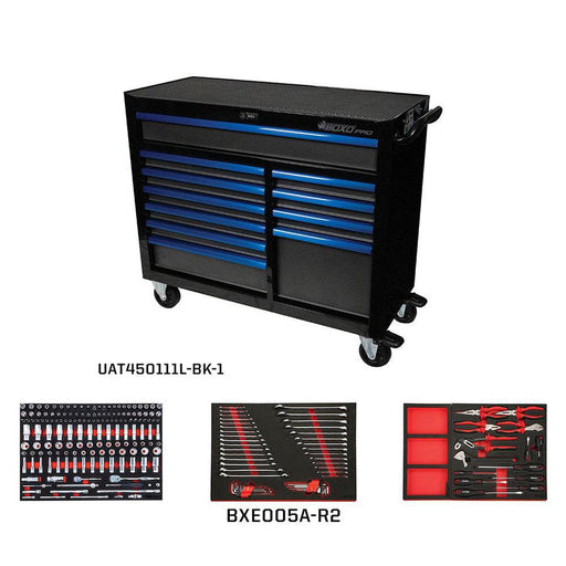 BoxoUSA-Pro Series | 45" 11-Drawer Bottom Roll Cabinet with 217-Piece Master Tool Set | Gloss Black, Blue Trim-[product_sku]