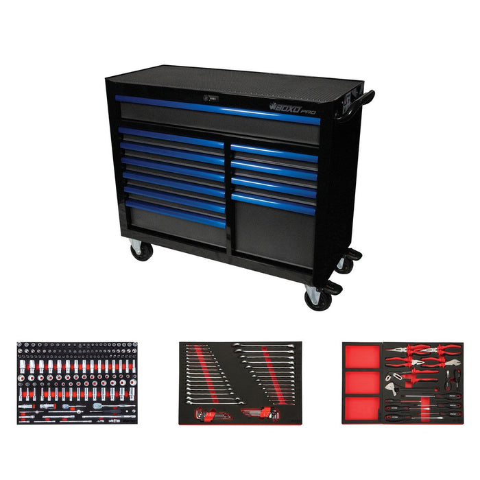BoxoUSA-Pro Series | 45" 11-Drawer Bottom Roll Cabinet with 217-Piece Master Tool Set | Gloss Black, Blue Trim-[product_sku]