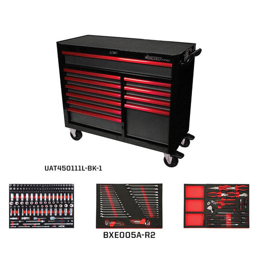 BoxoUSA-Pro Series | 45" 11-Drawer Bottom Roll Cabinet with 217-Piece Master Tool Set | Gloss Black, Red Trim-[product_sku]