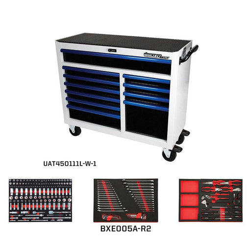 BoxoUSA-Pro Series | 45" 11-Drawer Bottom Roll Cabinet with 217-Piece Master Tool Set | Gloss White, Blue Trim-[product_sku]