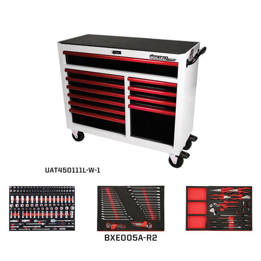 BoxoUSA-Pro Series | 45" 11-Drawer Bottom Roll Cabinet with 217-Piece Master Tool Set | Gloss White, Red Trim-[product_sku]