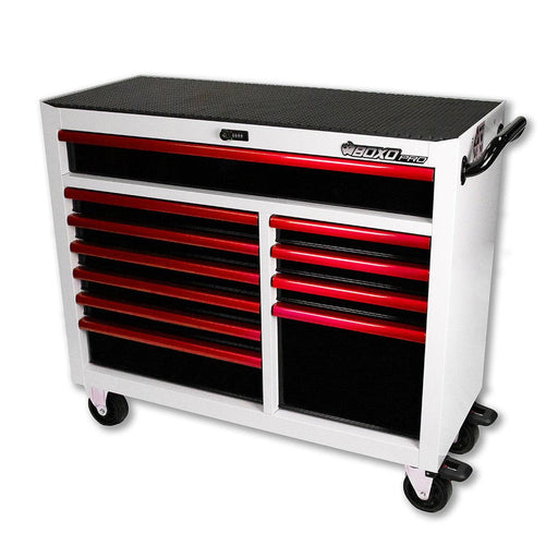 BoxoUSA-Pro Series | 45" 11-Drawer Bottom Roll Tool Cabinet | Gloss White, Red Trim-[product_sku]