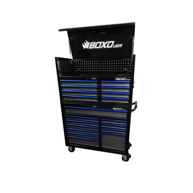 BoxoUSA Pro Series | 45" 19-Drawer Rolling Tool Box | Black and Blue 45TB-BK-B