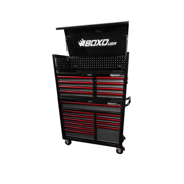 BoxoUSA Pro Series | 45" 19-Drawer Rolling Tool Box | Black and Red 45TB-BK-R