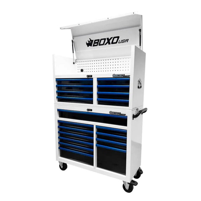 BoxoUSA Pro Series | 45" 19-Drawer Rolling Tool Box | White and Blue 45TB-W-B