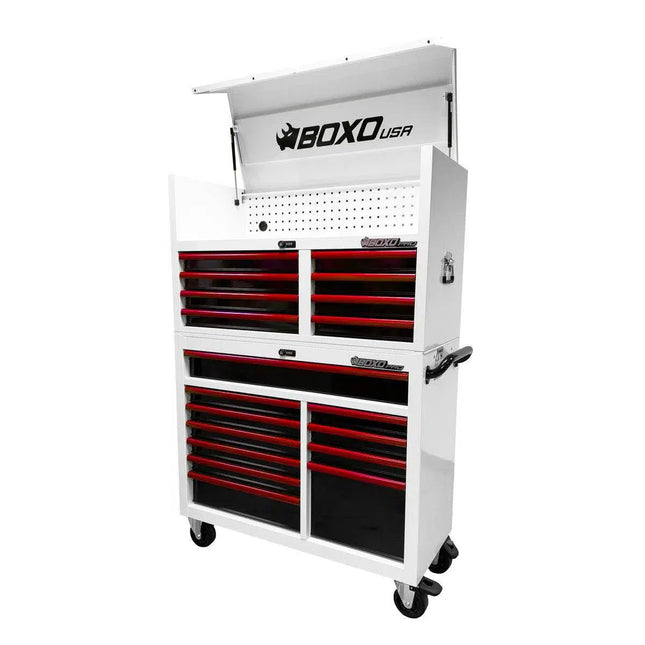 BoxoUSA Pro Series | 45" 19-Drawer Rolling Tool Box | White and Red 45TB-W-R