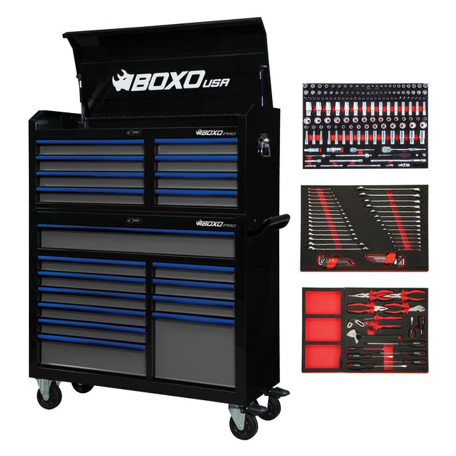 BoxoUSA-Pro Series | 45" 19-Drawer Rolling Tool Box With 217-Piece Master Tool Set | Gloss Black, Blue Trim-[product_sku]