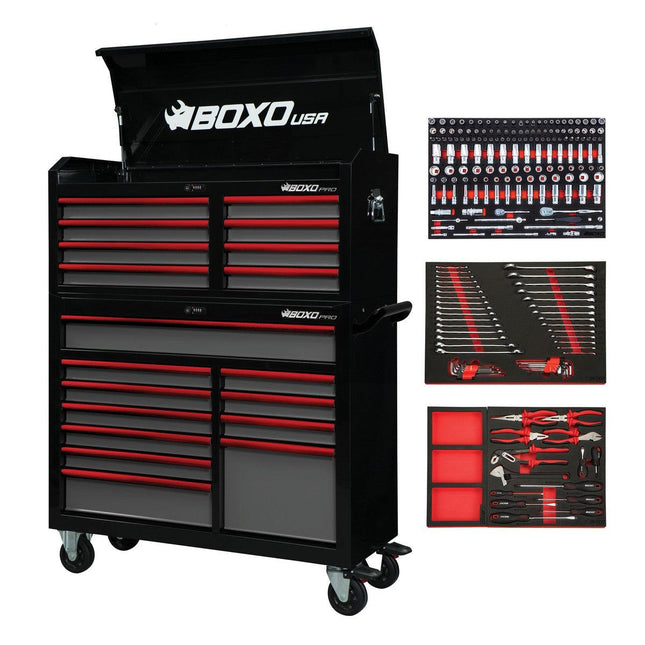 BoxoUSA-Pro Series | 45" 19-Drawer Rolling Tool Box With 217-Piece Master Tool Set | Gloss Black, Red Trim-[product_sku]