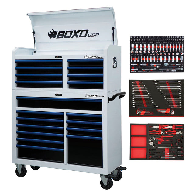 BoxoUSA-Pro Series | 45" 19-Drawer Rolling Tool Box With 217-Piece Master Tool Set | Gloss White, Blue Trim-[product_sku]