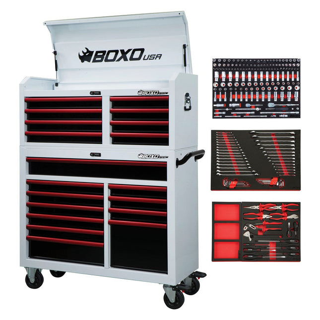 BoxoUSA-Pro Series | 45" 19-Drawer Rolling Tool Box With 217-Piece Master Tool Set | Gloss White, Red Trim-[product_sku]