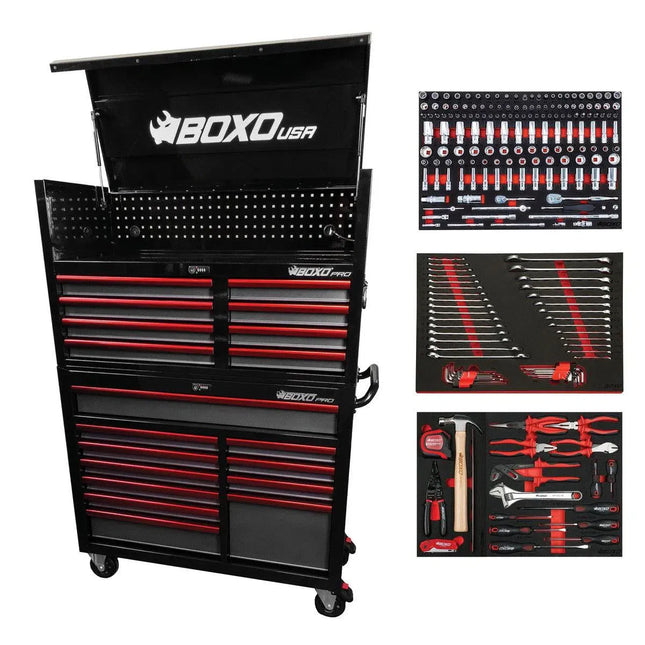BoxoUSA Pro Series | 45" 19-Drawer Rolling Tool Box with 222-Piece Master Tool Set | Black and Red 45TBM-BK-R1