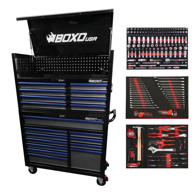 BoxoUSA Pro Series | 45" 19-Drawer Rolling Tool Box with 233-Piece Master Tool Set | Black and Blue 45TBM-BK-B1