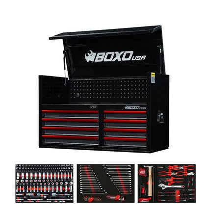 BoxoUSA Pro Series | 45" 8-Drawer Tool Box with 222-Piece Master Tool Set 45TM-BK-R