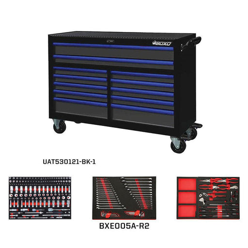 BoxoUSA-Pro Series | 53" 12-Drawer Bottom Roll Cabinet, 217-Piece Master Tool Set | Gloss Black, Blue Trim-[product_sku]
