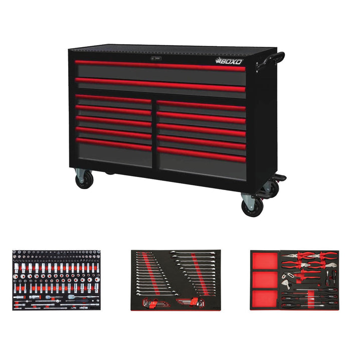 BoxoUSA-Pro Series | 53" 12-Drawer Bottom Roll Cabinet, 217-Piece Master Tool Set | Gloss Black, Red Trim-[product_sku]