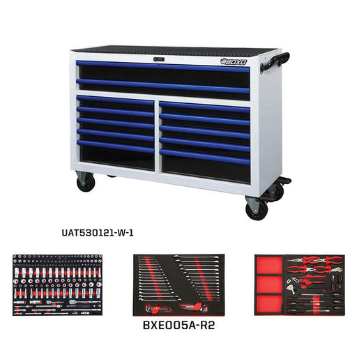 BoxoUSA-Pro Series | 53" 12-Drawer Bottom Roll Cabinet, 217-Piece Master Tool Set | Gloss White, Blue Trim-[product_sku]