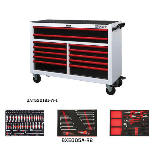 BoxoUSA-Pro Series | 53" 12-Drawer Bottom Roll Cabinet, 217-Piece Master Tool Set | Gloss White, Red Trim-[product_sku]