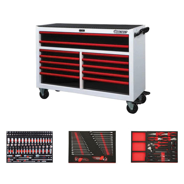 BoxoUSA-Pro Series | 53" 12-Drawer Bottom Roll Cabinet, 217-Piece Master Tool Set | Gloss White, Red Trim-[product_sku]