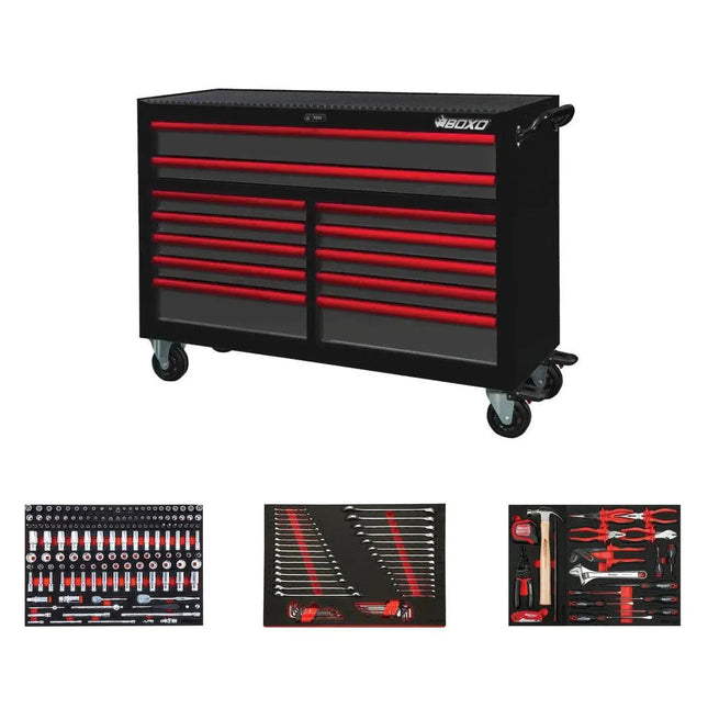 BoxoUSA Pro Series | 53" 12-Drawer Rolling Tool Box with 222-Piece Master Tool Set 53BM-BK-R