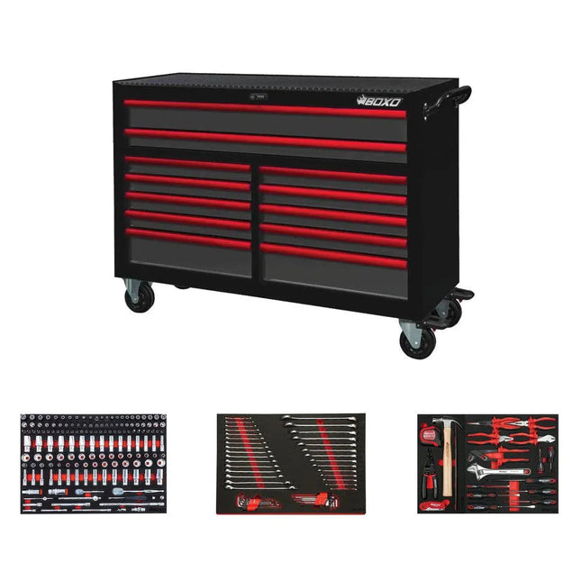 BoxoUSA Pro Series | 53" 12-Drawer Rolling Tool Box with Master Tool Set 53BM-BK-R