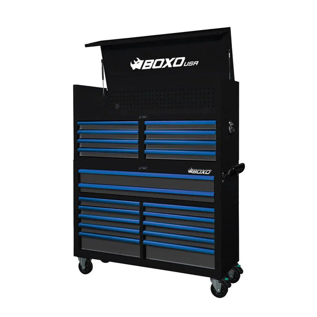 BoxoUSA Pro Series | 53" 20-Drawer Rolling Tool Box | Black and Blue 53TB-BK-B