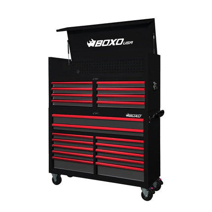 BoxoUSA Pro Series | 53" 20-Drawer Rolling Tool Box | Black and Red 53TB-BK-R