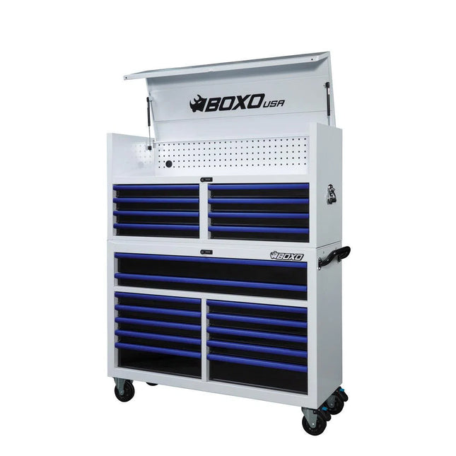 BoxoUSA Pro Series | 53" 20-Drawer Rolling Tool Box | White and Blue 53TB-W-B