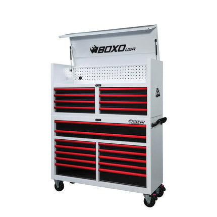 BoxoUSA Pro Series | 53" 20-Drawer Rolling Tool Box | White and Red 53TB-W-R