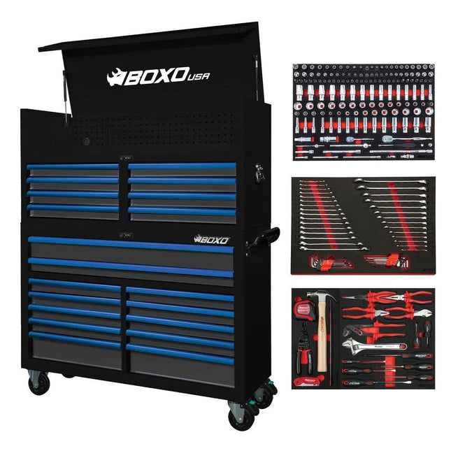 BoxoUSA Pro Series | 53" 20-Drawer Rolling Tool Box with 222-Piece Master Tool Set | Black and Blue 53TBM-BK-B1