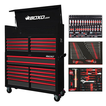 BoxoUSA Pro Series | 53" 20-Drawer Rolling Tool Box with 222-Piece Master Tool Set | Black and Red 53TBM-BK-R1