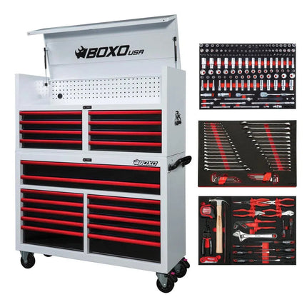 BoxoUSA Pro Series | 53" 20-Drawer Rolling Tool Box with 222-Piece Master Tool Set | White and Red 53TBM-W-R1