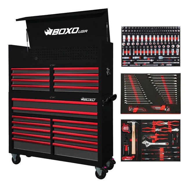 BoxoUSA Pro Series | 53" 20-Drawer Rolling Tool Box with 233-Piece Master Tool Set | Black and Red 53TBM-BK-R1