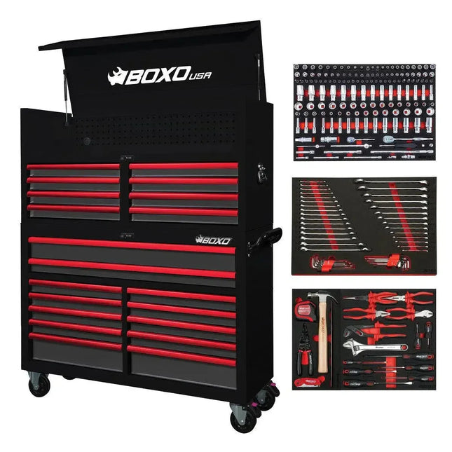 BoxoUSA Pro Series | 53" 20-Drawer Rolling Tool Box with 233-Piece Master Tool Set 53TBM-BK-R