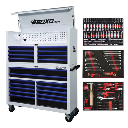 BoxoUSA Pro Series | 53" 20-Drawer Rolling Tool Box with 233-Piece Master Tool Set | White and Blue 53TBM-W-B1
