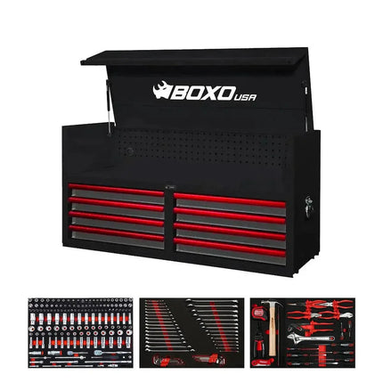 BoxoUSA Pro Series | 53" 8-Drawer Tool Box with 222-Piece Master Tool Set 53TM-BK-R