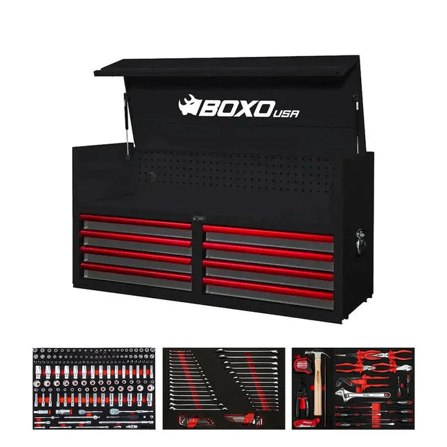 BoxoUSA Pro Series | 53" 8-Drawer Tool Box with 222-Piece Master Tool Set 53TM-BK-R