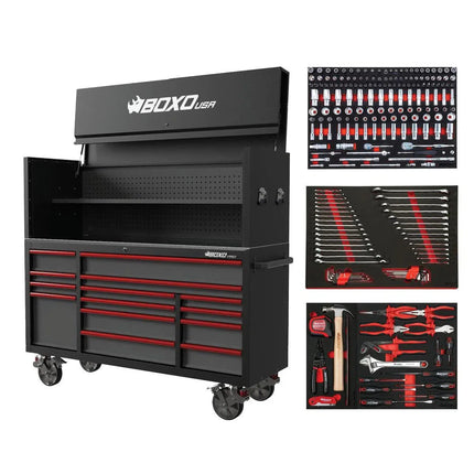 BoxoUSA Pro Series | 72" 14-Drawer Garage Top Rolling Tool Box with 222-Piece Master Tool Set | Black 72TBM-BK-R