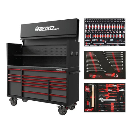 BoxoUSA Pro Series | 72" 14-Drawer Garage Top Rolling Tool Box with 233-Piece Master Tool Set 72TBM-BK-R