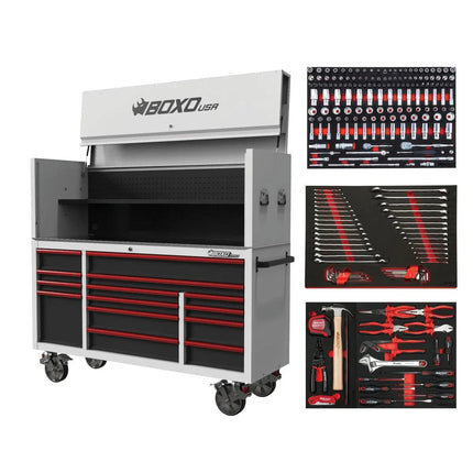 BoxoUSA Pro Series | 72" 14-Drawer Garage Top Rolling Tool Box with 222-Piece Master Tool Set | White 72TBM-W-R