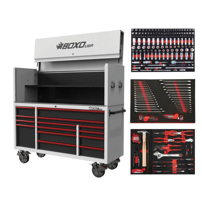 BoxoUSA Pro Series | 72" 14-Drawer Garage Top Rolling Tool Box with 233-Piece Master Tool Set | White 72TBM-W-R