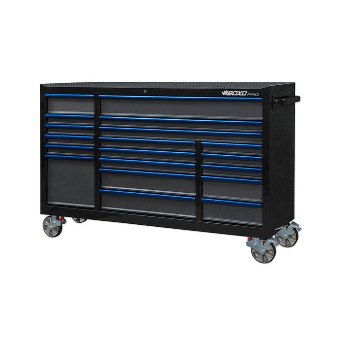 BoxoUSA-Pro Series | 72” 19-Drawer Bottom Roll Cabinet With 217-Piece Master Tool Set | Gloss Black, Blue Trim-[product_sku]