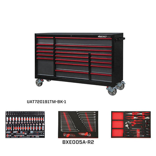 BoxoUSA-Pro Series | 72” 19-Drawer Bottom Roll Cabinet With 217-Piece Master Tool Set | Gloss Black Red Trim-[product_sku]