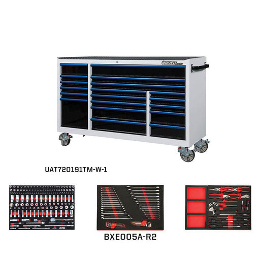 BoxoUSA-Pro Series | 72” 19-Drawer Bottom Roll Cabinet With 217-Piece Master Tool Set | Gloss White, Blue Trim-[product_sku]