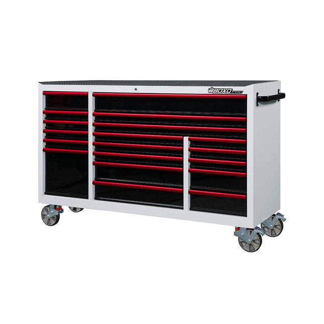 BoxoUSA-Pro Series | 72” 19-Drawer Bottom Roll Cabinet With 217-Piece Master Tool Set | Gloss White, Red Trim-[product_sku]