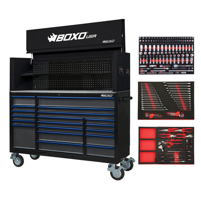 BoxoUSA-Pro Series | 72" 19-Drawer Rolling Tool Box with Garage Top and 217-Piece Master Tool Set | Gloss Black, Blue Trim-[product_sku]